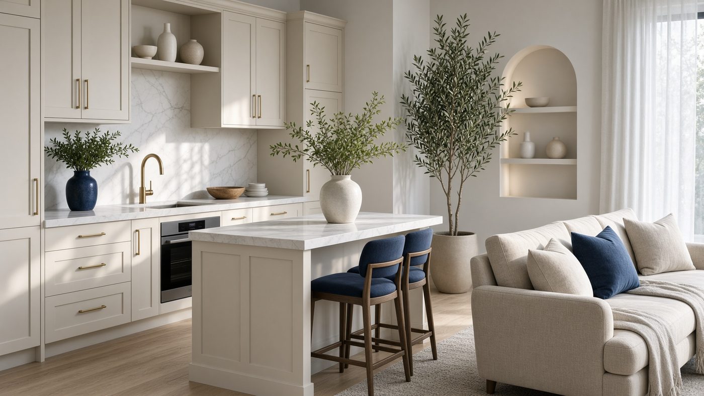 Kitchen with brass cabinet hardware